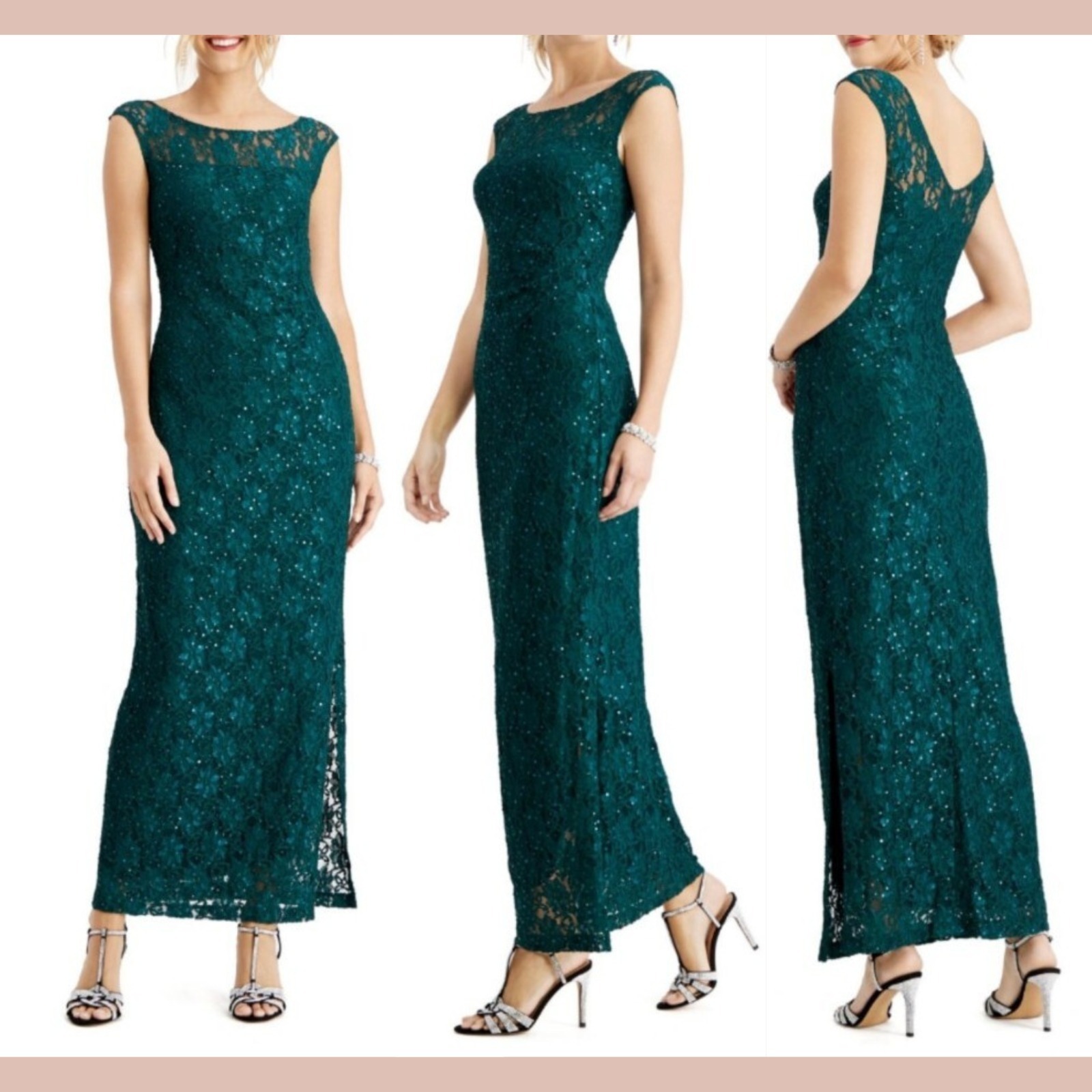 New Connected Apparel [Plus 20w ] Floral Lace Sequin Gown In Hunter Green #S2133